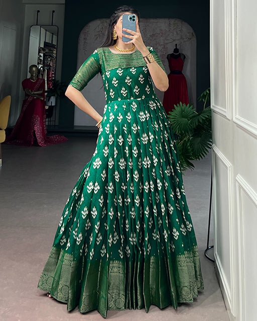 Green Color Kota  Chex Zari Weaving Work Gown