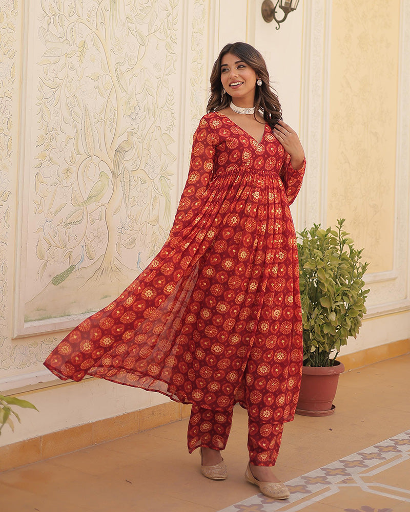 Designer Red Color Georgette Printed Co-Ord Set