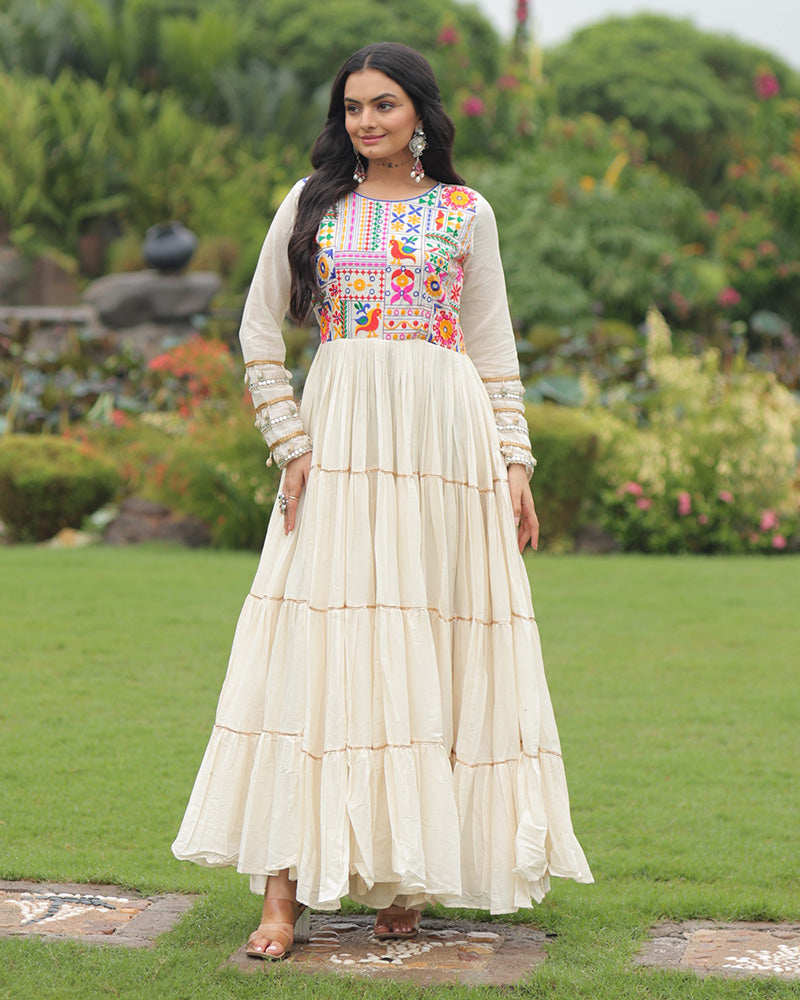 Off-White Color Kora Cotton Multi Threaded Navratri Gown