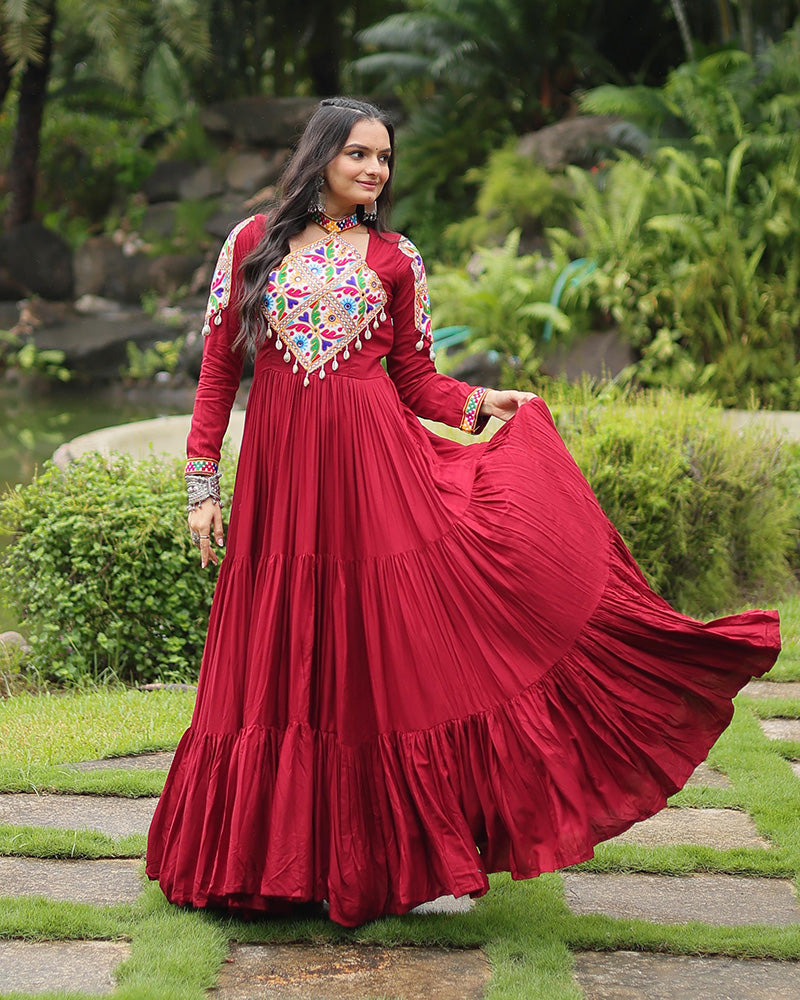 Maroon Color Reyon Gamthi Style Navratri Gown