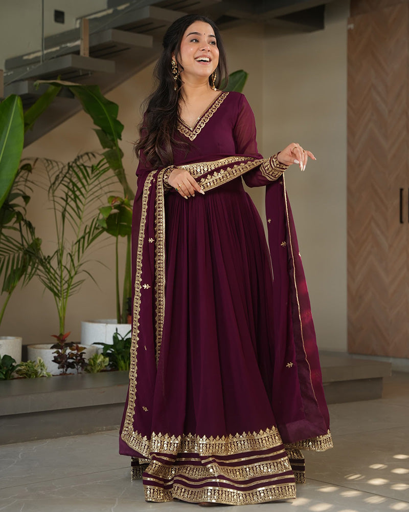 Wine  Color Faux Blooming Embroidered Gown With Dupatta