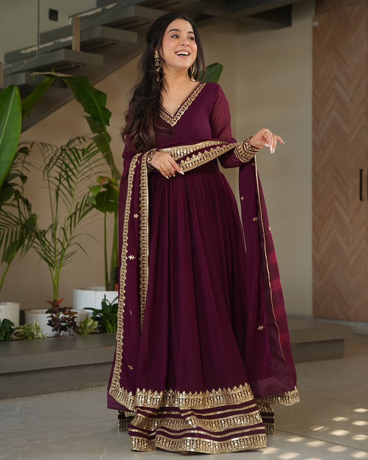 Wine  Color Faux Blooming Embroidered Gown With Dupatta