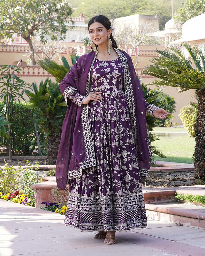 Designer Wine Color Sequence embroidered Viscose Jacquard Gown With Dupatta