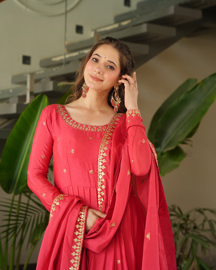 Peach Color Chinon Silk  Sequins Embroidered Gown