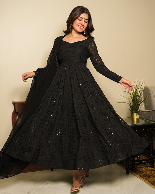 Black Color Georgette Lucknowi Anarkali Suit