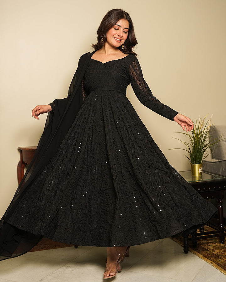 Black Color Georgette Lucknowi Three Piece Anarkali Suit