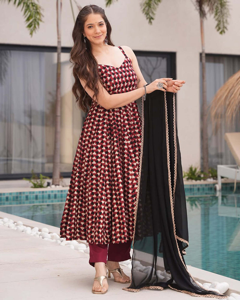 Red Color Triangle Printed Pure Cotton Anarkali Suit