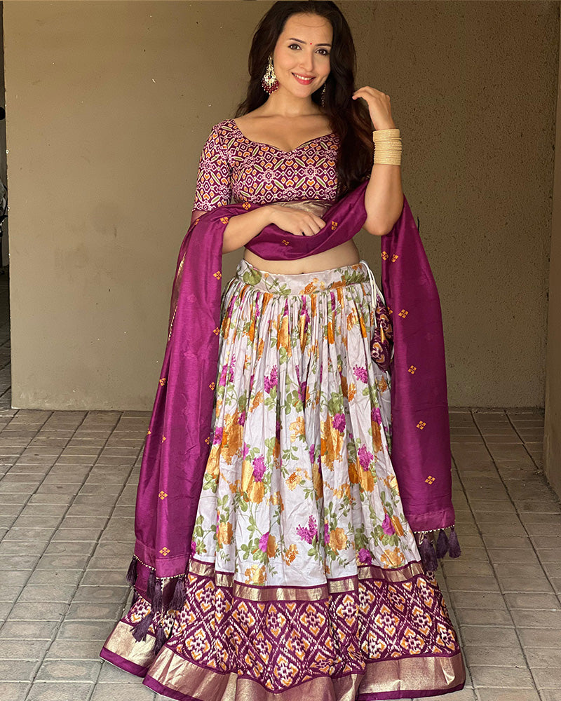 Wine Color Tussar Silk Floral And Patola Printed Navratri Lehenga Choli
