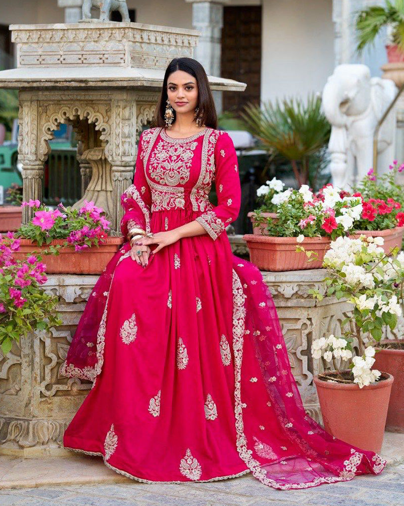 Pink Color Vichitra Silk Embroidered Gown