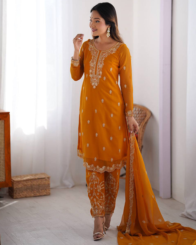 Yellow Color Faux Georgette Three Piece Kurti Suit