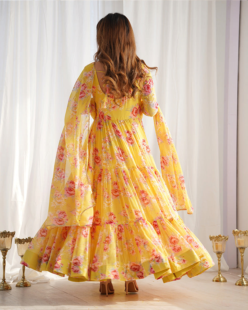 Yellow Color Georgette Three Layer Ruffle Style Anarkali Suit