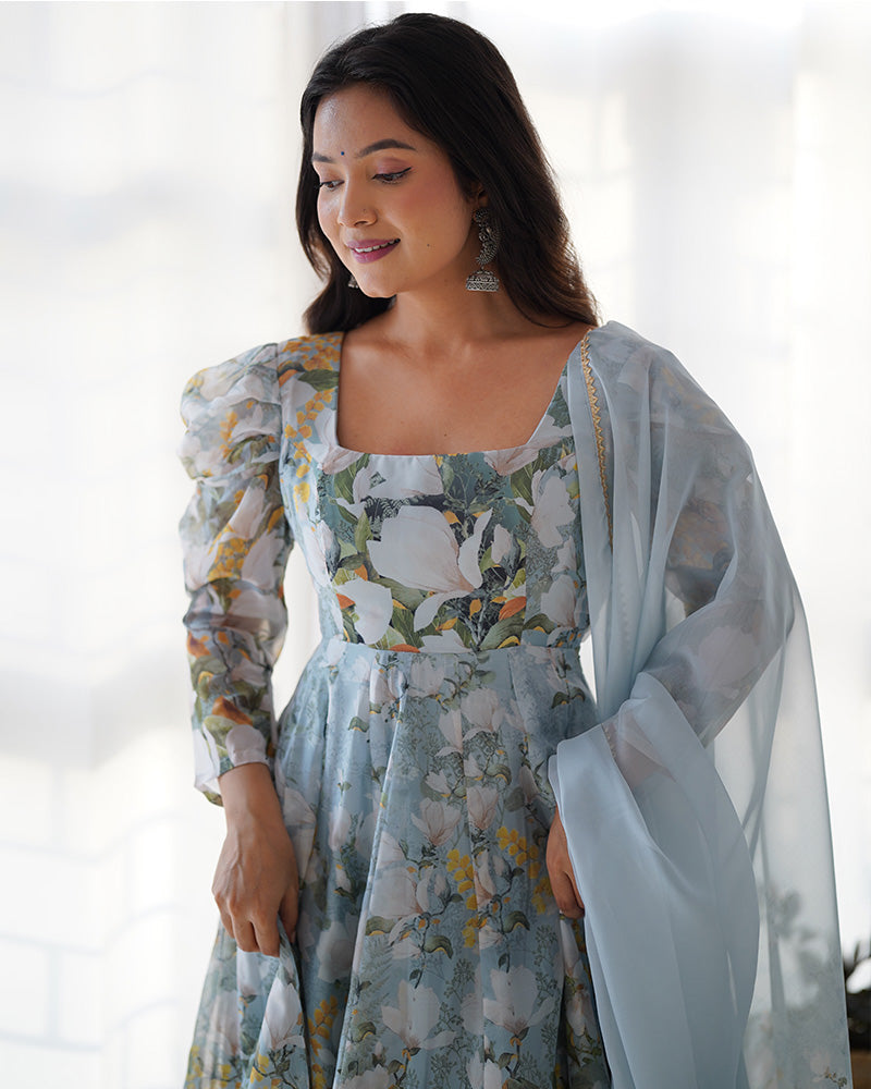 Green Color Pure Soft Organza Three Piece Anarkali Suit