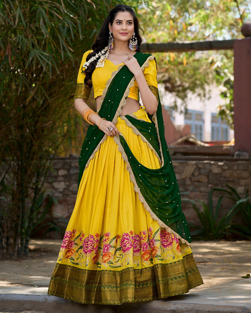 Yellow Color Cotton Silk Designer Half Saree