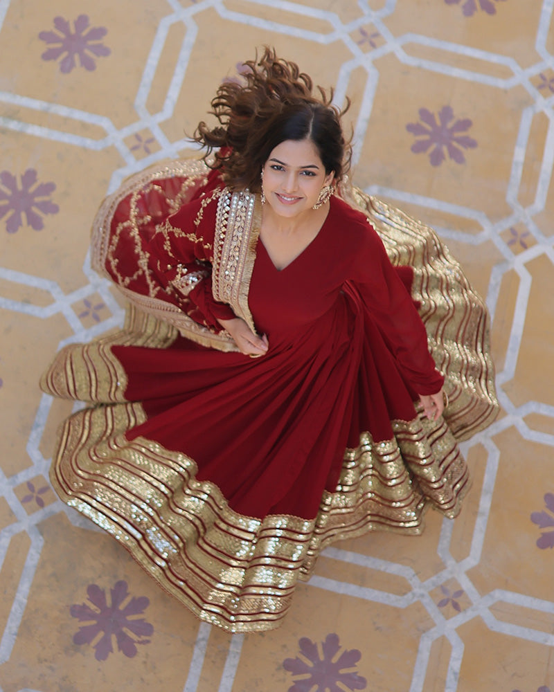 Designer Maroon Color Blooming Sequence Embroidery Work Gown