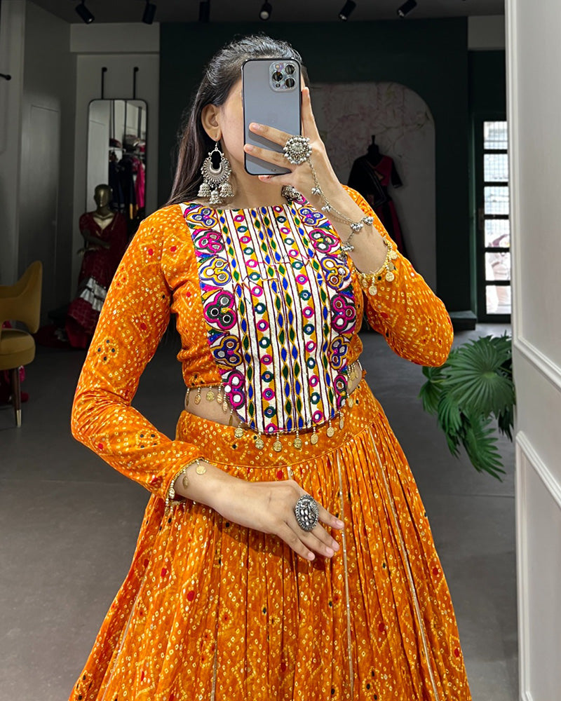 Mustard Color Rayon Bandhej Print Navratri Lehenga Choli