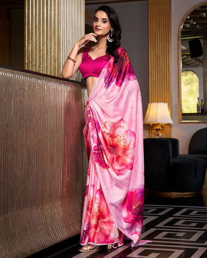 Light Pink Color Satin Silk Printed Saree