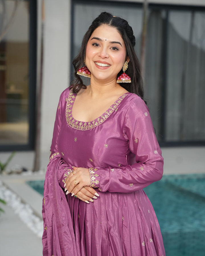 Onion Color Chinon Silk  Sequins Embroidered Gown