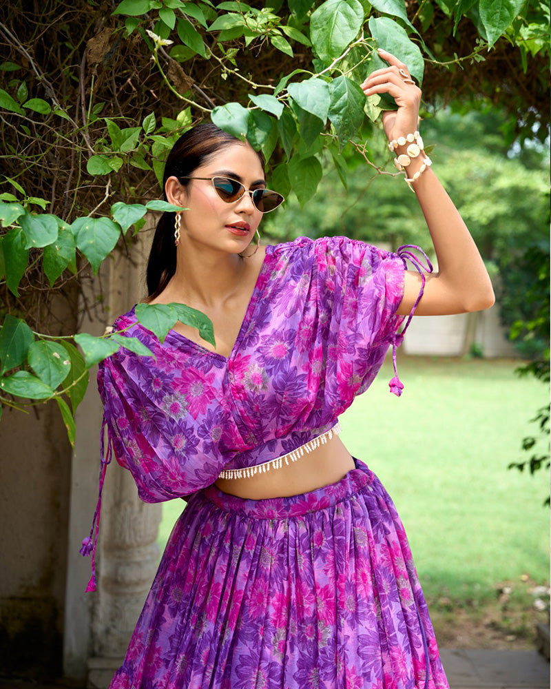 Purple Color Chiffon Printed Crop Top Lehenga Choli