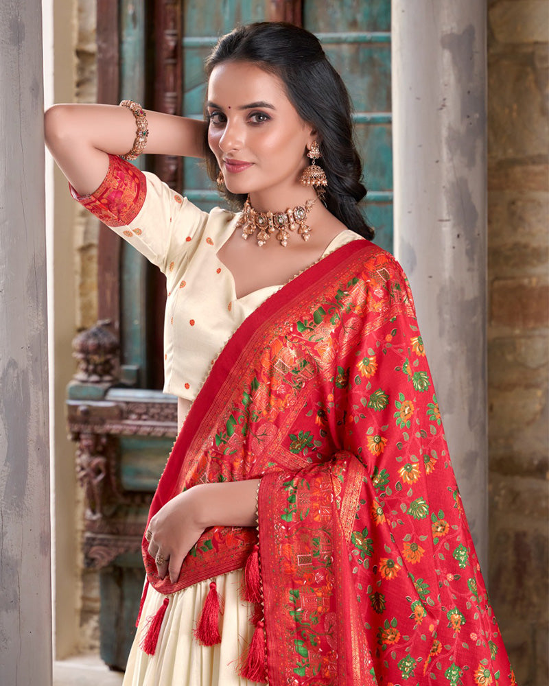 Off White Color Tussar Silk Printed With Foil Work Lehenga Choli