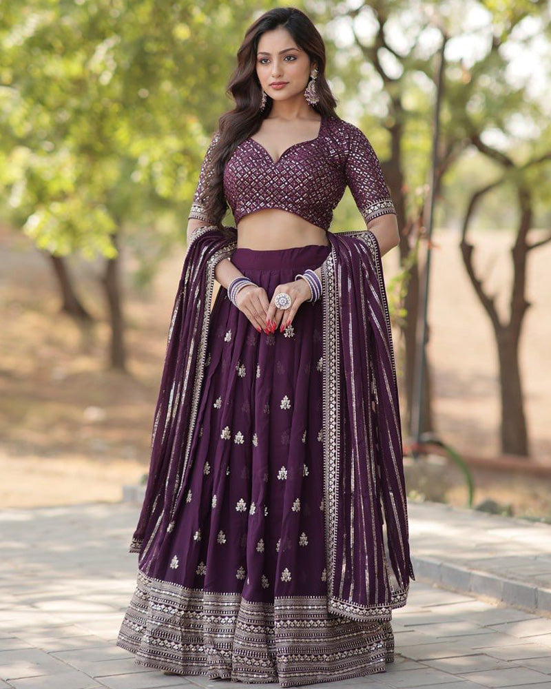 Wedding Wear Wine Color Blooming Lehenga Choli