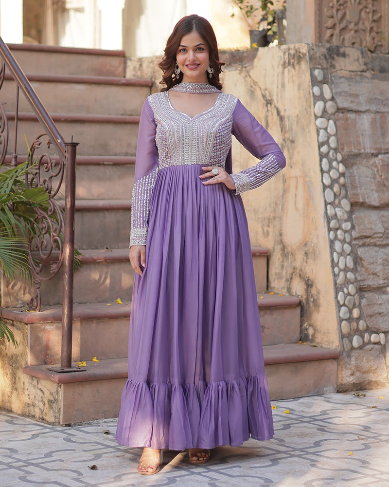 Lavender Color Star Georgette Embroidered Gown