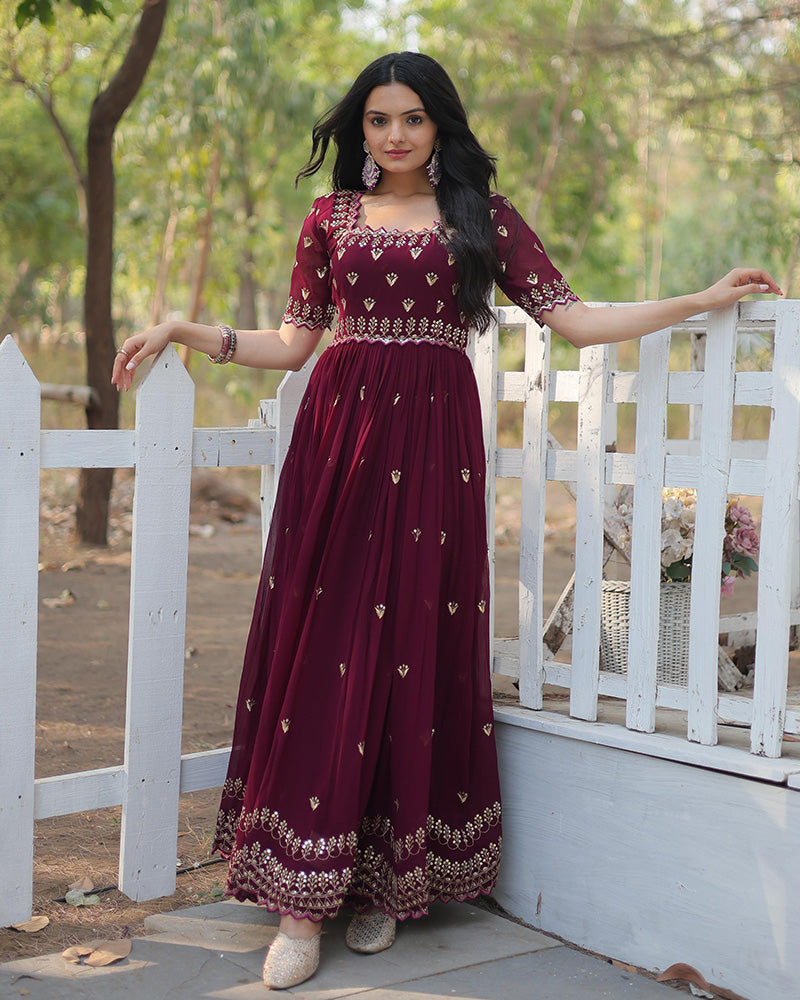 Reddish Maroon Color Faux Blooming Embroidered Gown