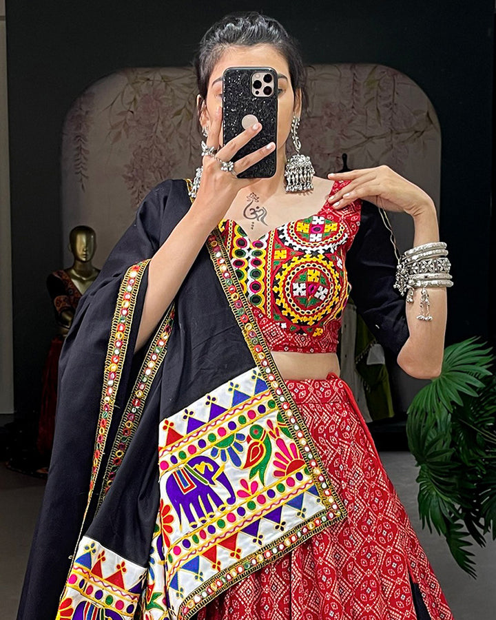 Red Color Cotton Gamthi Work Navratri Lehenga Choli