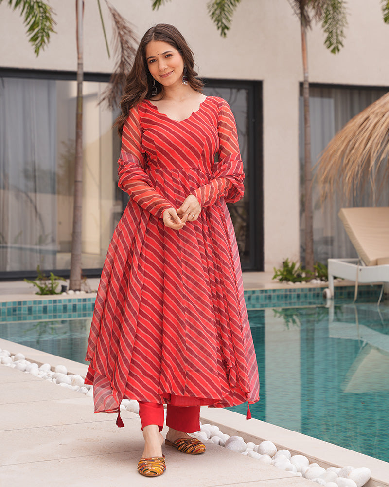 Orange And Brown Color Laheriya Print Tabby Organza Anarkali Suit