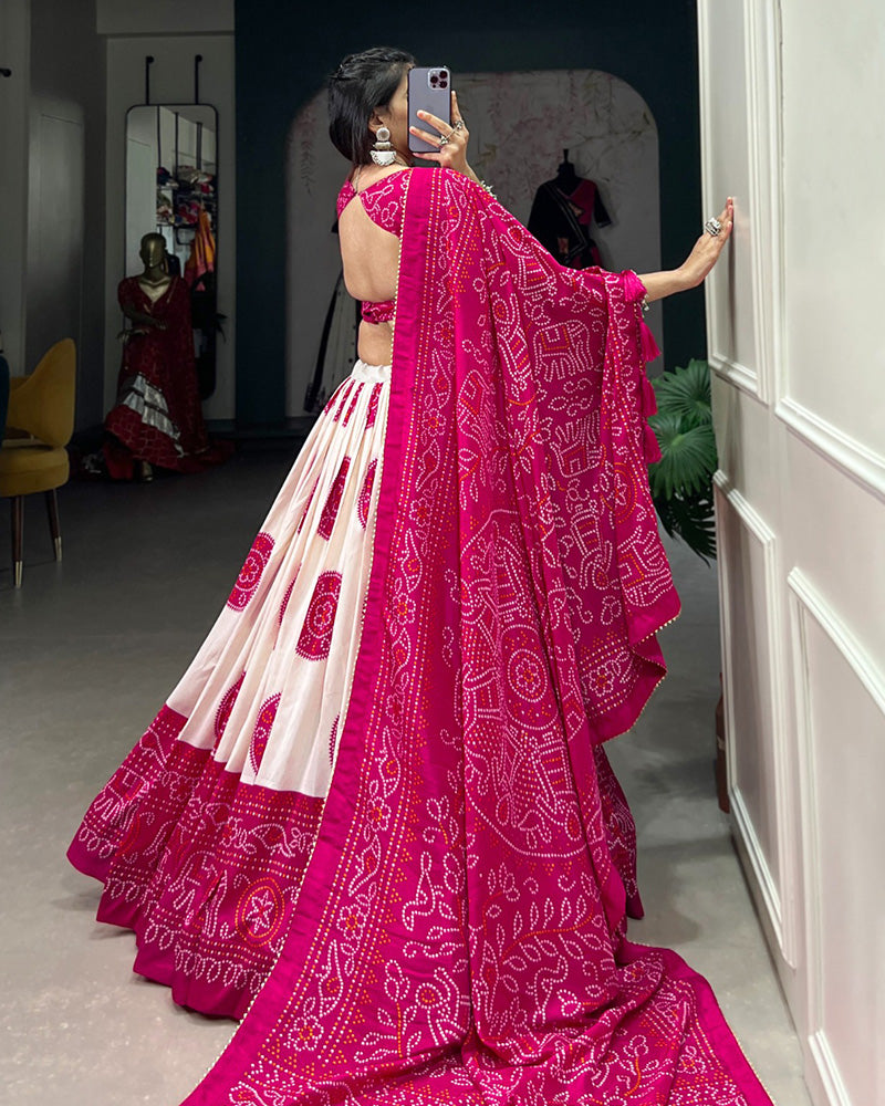 Pink Color Tussar Silk Bandhej Printed Lehenga Choli