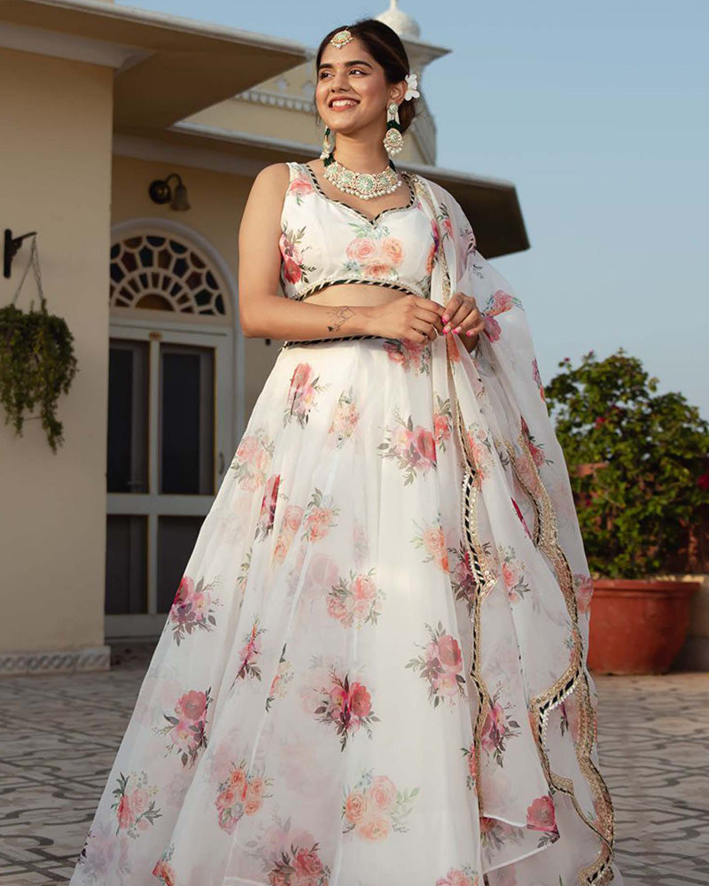 White Color Floral Print Soft Organza Lehenga Choli