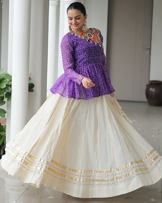 Purple Bandhani Style Peplum Choli With Kora Cotton Lehenga