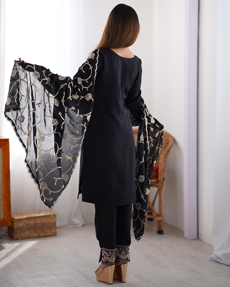 Black Color Chinon Silk Three Piece Kurti Suit