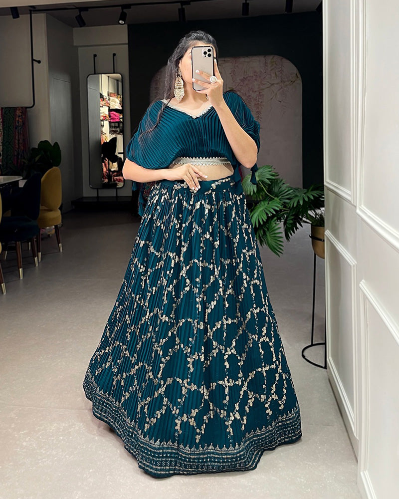 Kiran Rana in Rama Color Crushed Georgette Fully Stitched Lehenga Choli