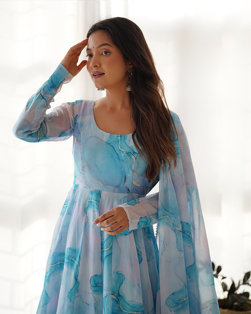 Sky Blue Color Pure Soft Organza Three Piece Anarkali Suit