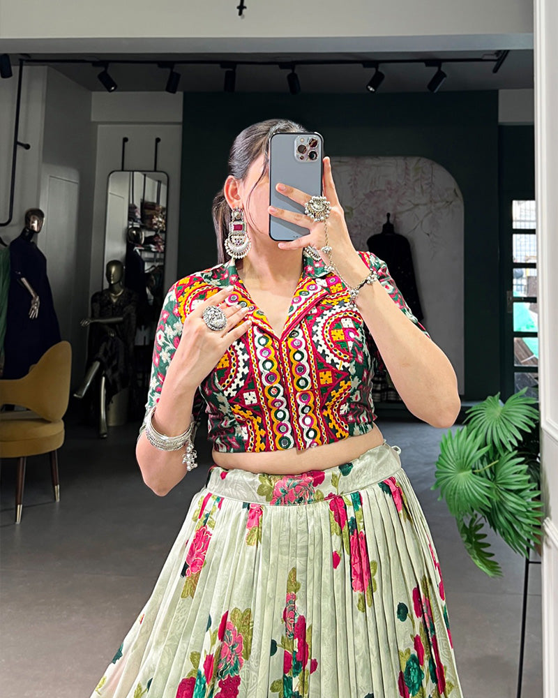 Green Color Tussar Silk Patola Printed Lehenga Choli