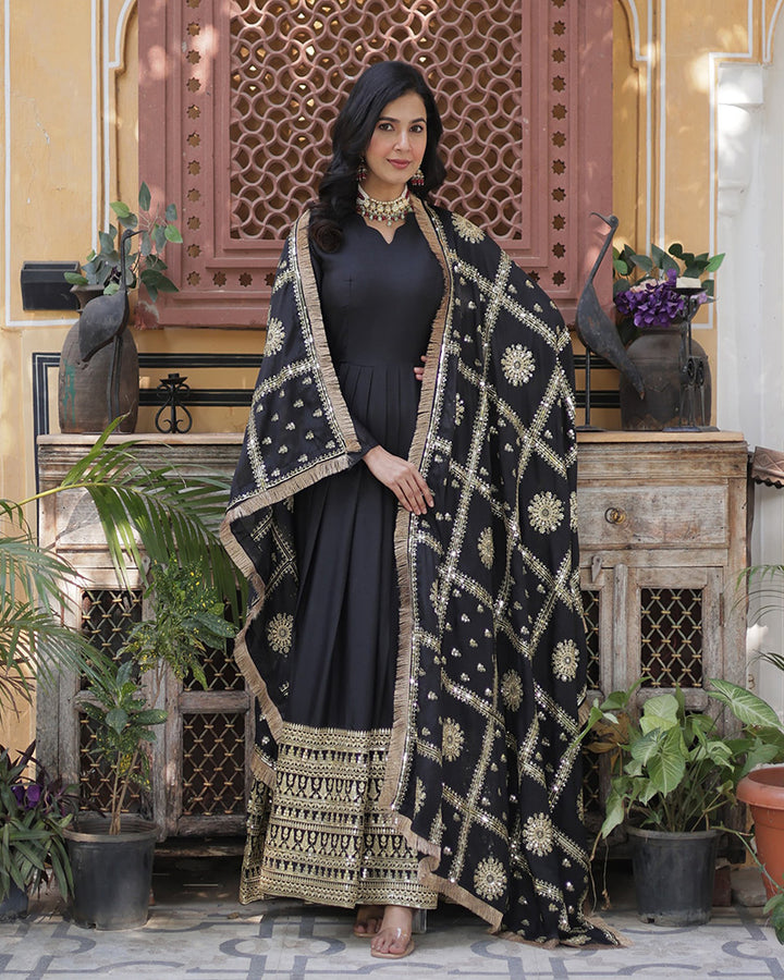 Black Color Star Georgette Sequence Embroidered Gown