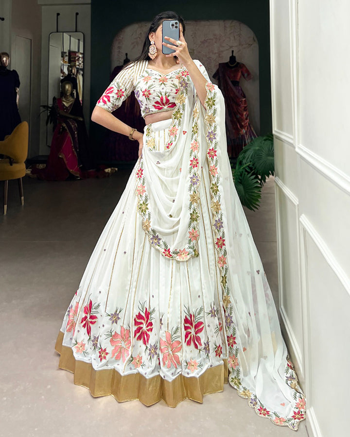 White Color Georgette Thread Embroidered Lehenga Choli