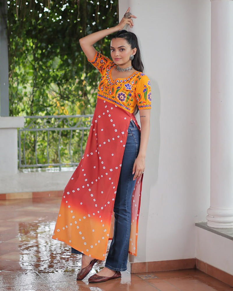 Traditional Rust Orange Color Bandhani Print Navratri Kurti