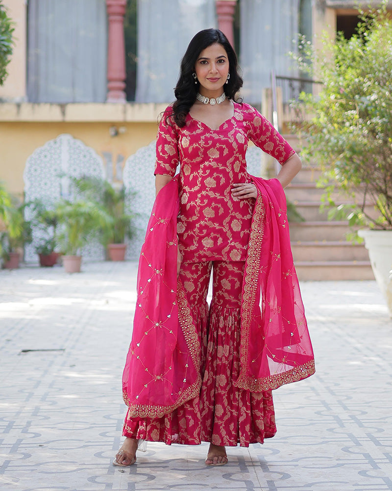 Rani Pink Color Georgette Jacquard Gharara Suit