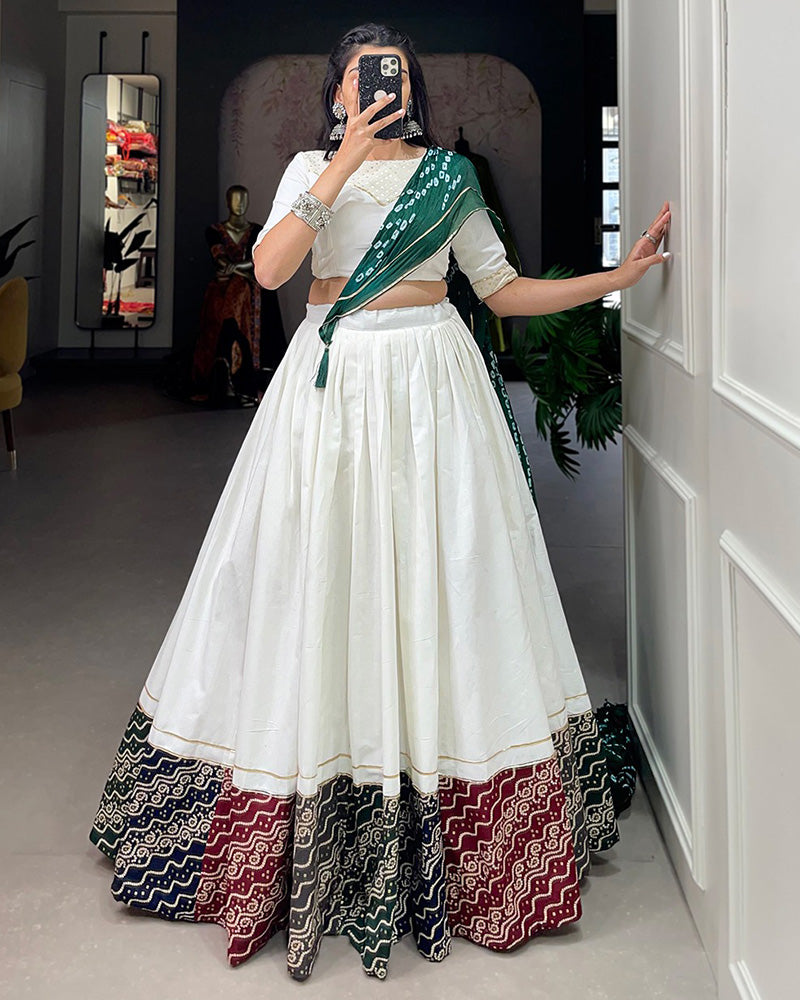 White Color Cotton Printed Navratri Lehenga Choli