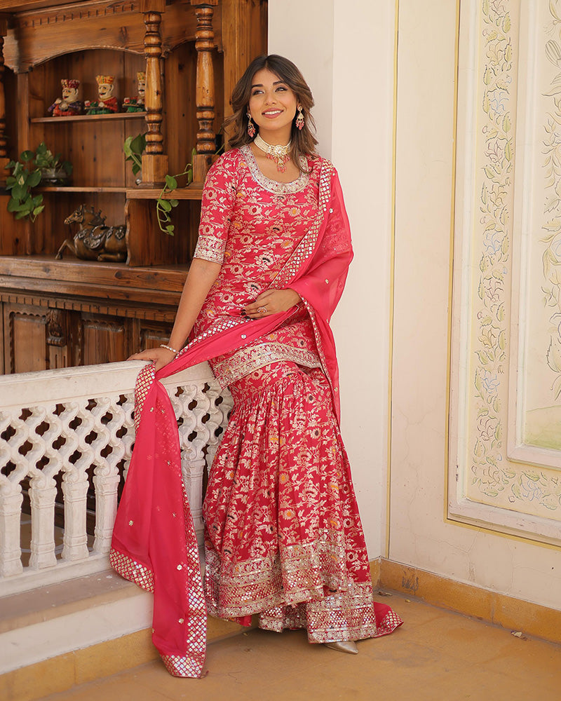 Rani Pink Color Viscose Jacquard Three Piece Gharara Suit