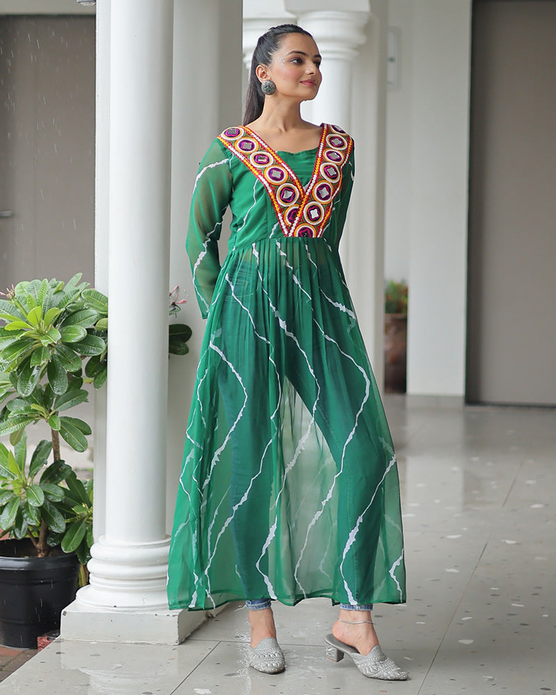 Green Color Faux Georgette Kutchi Work Navratri Kurti