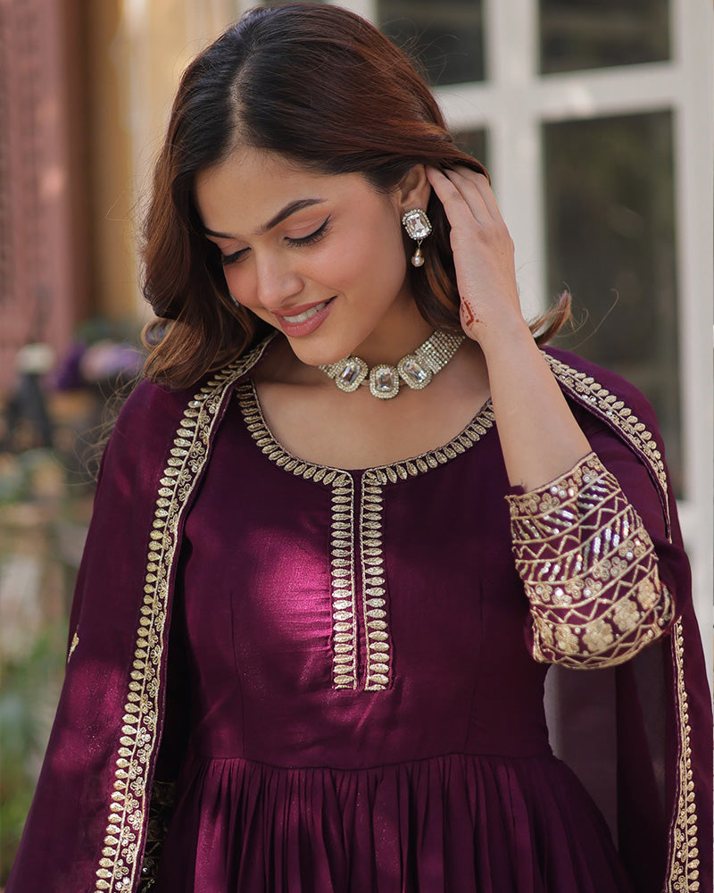 Wine Color Vichitra Shimmer Sequence Embroidered Gown