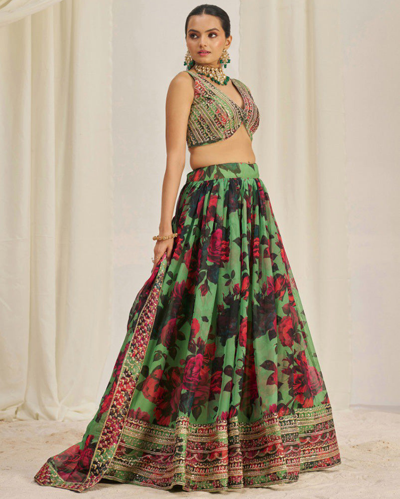Red And Green Color Floral Printed Organza Lehenga Choli