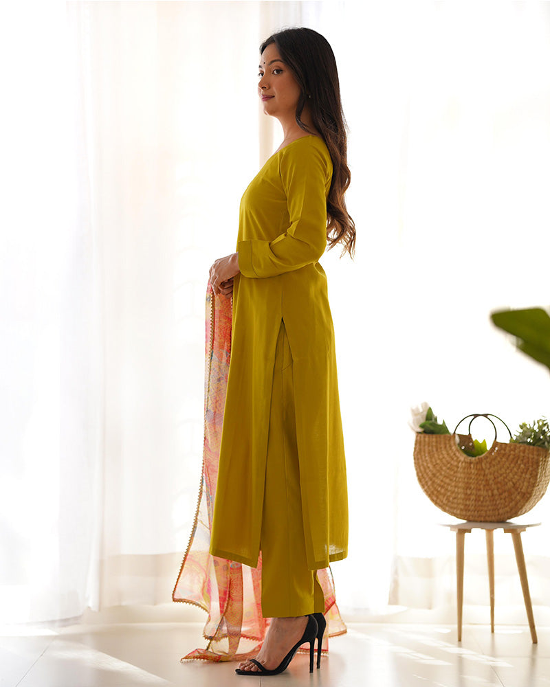 Yellow Color Viscose Ready To wear Three Piece Kurti Suit