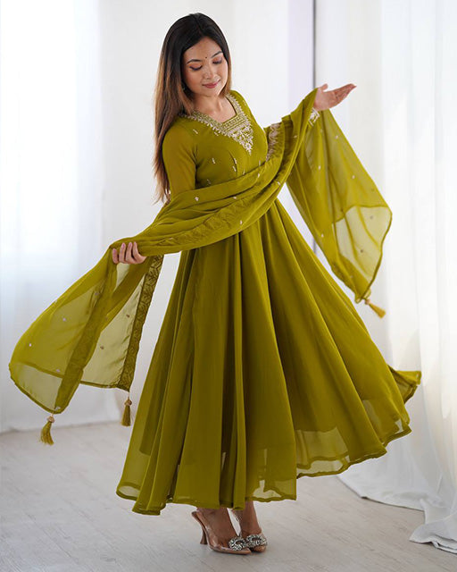 Mehndi Green Color Georgette Embroidered Three Piece Anarkali Suit