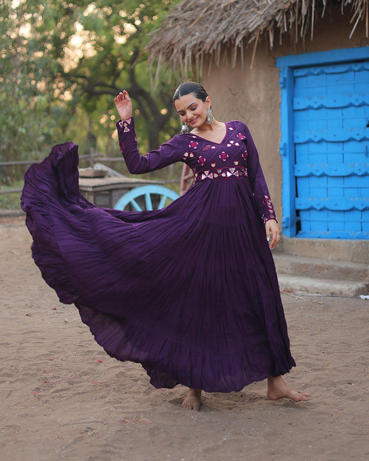 Purple Color Rayon Ruffle Style Navratri Gown