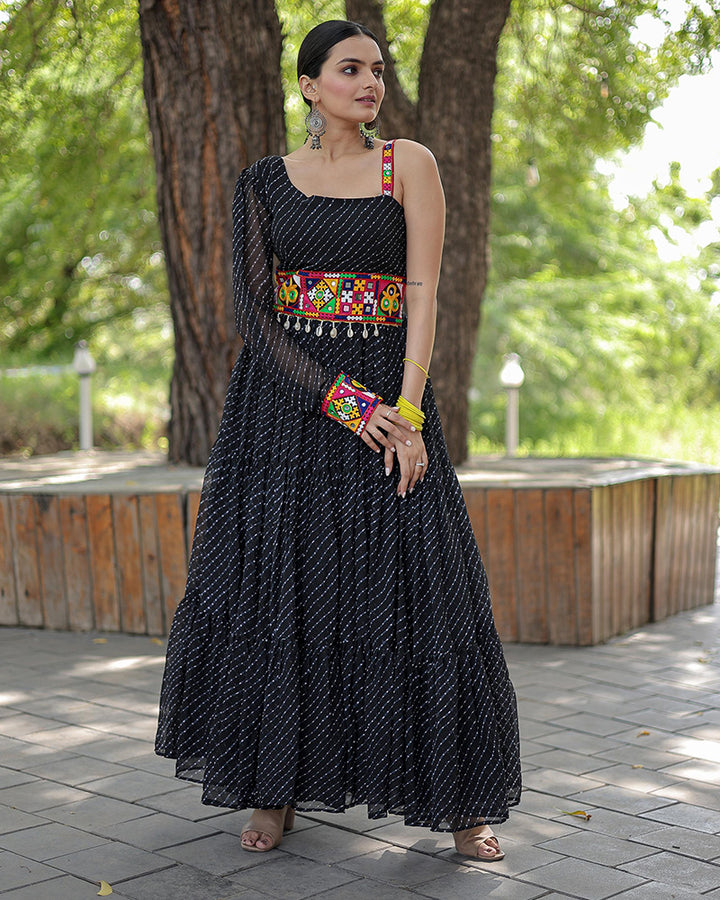 Black Color Georgette Laheriya Print Navratri Gown