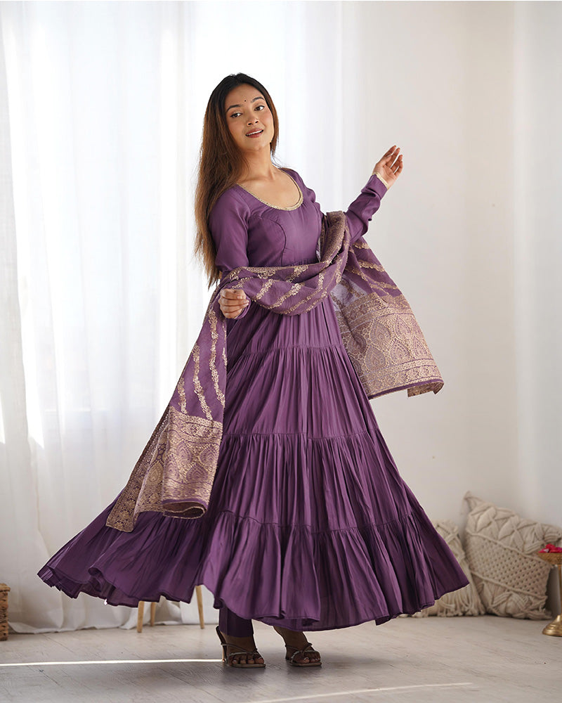 Dusty Purple Color Pure Roman Silk Ruffle Style Anarkali Suit