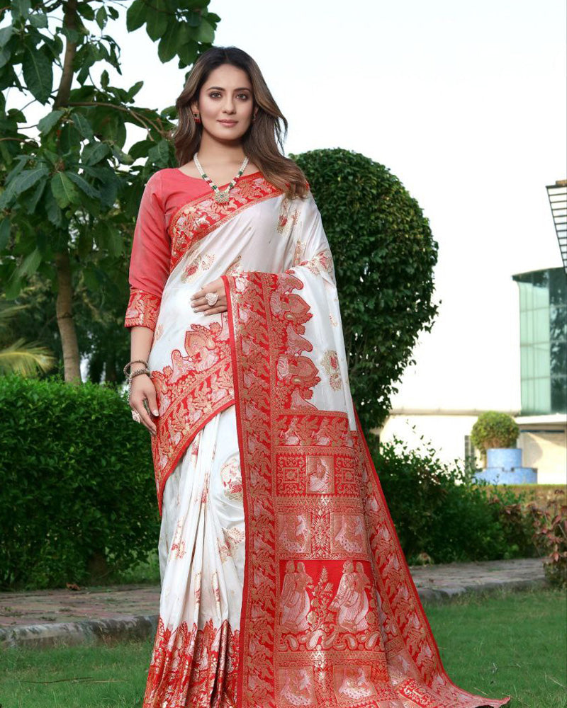 Red And White Banarasi Weaving Cluster Soft Silk Saree